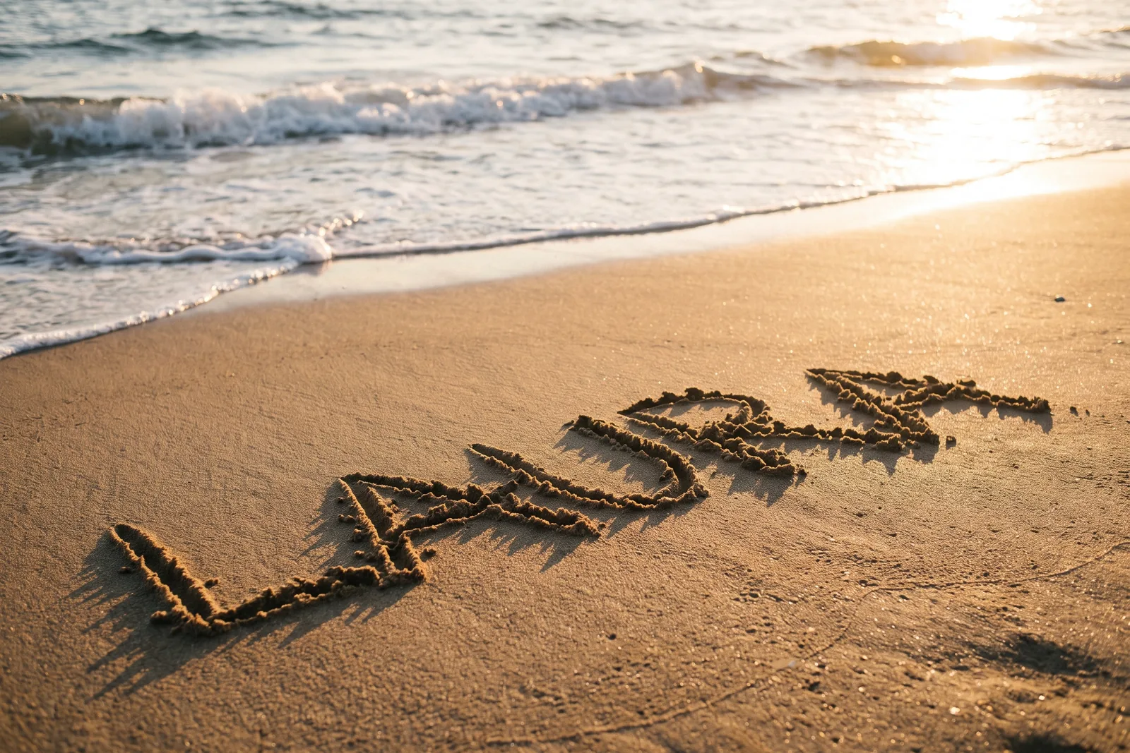 Photo of a beach at sunset with the name LAURA written in the wet sand