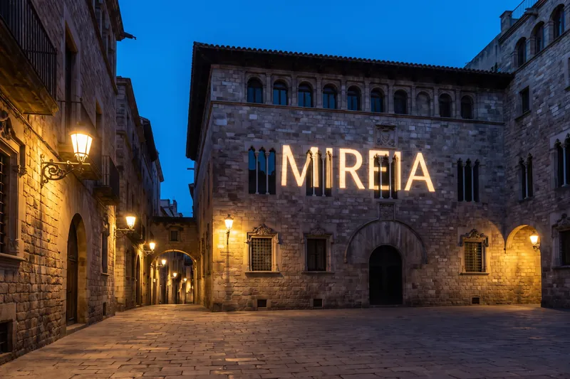 The name MIREIA projected in light onto the stone façade of a historic building at dusk
