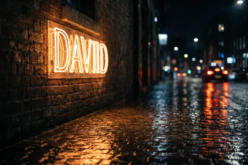 The name David on a neon sign in a wet street