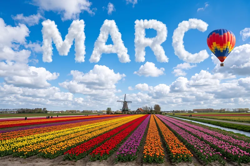The name Marc formed by clouds above a tulip field